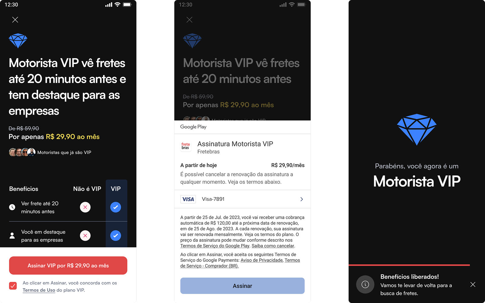 Tela de checkout do plano VIP com benefícios exclusivos