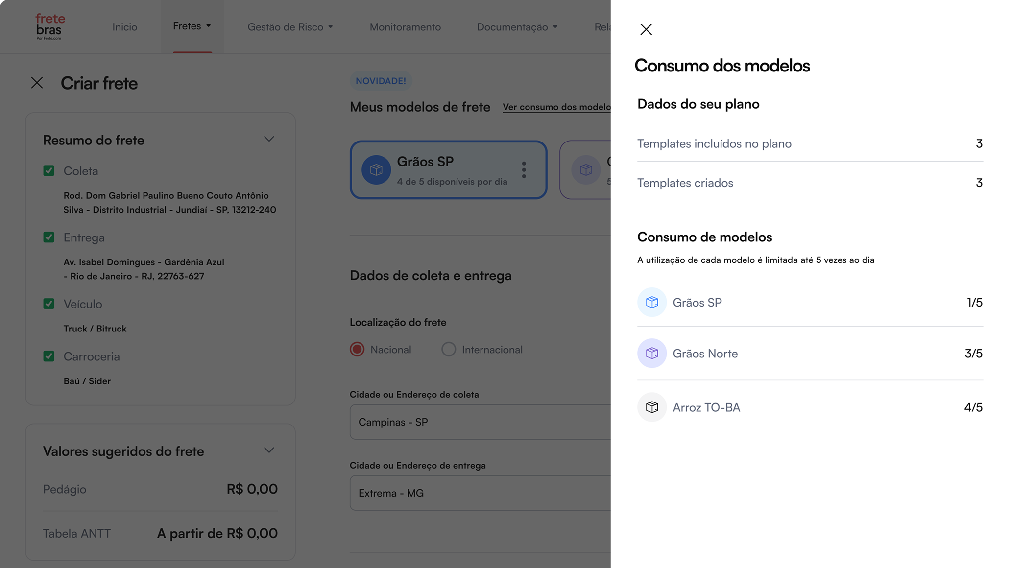 Tela do formulário de cadastro de frete na plataforma Fretebras