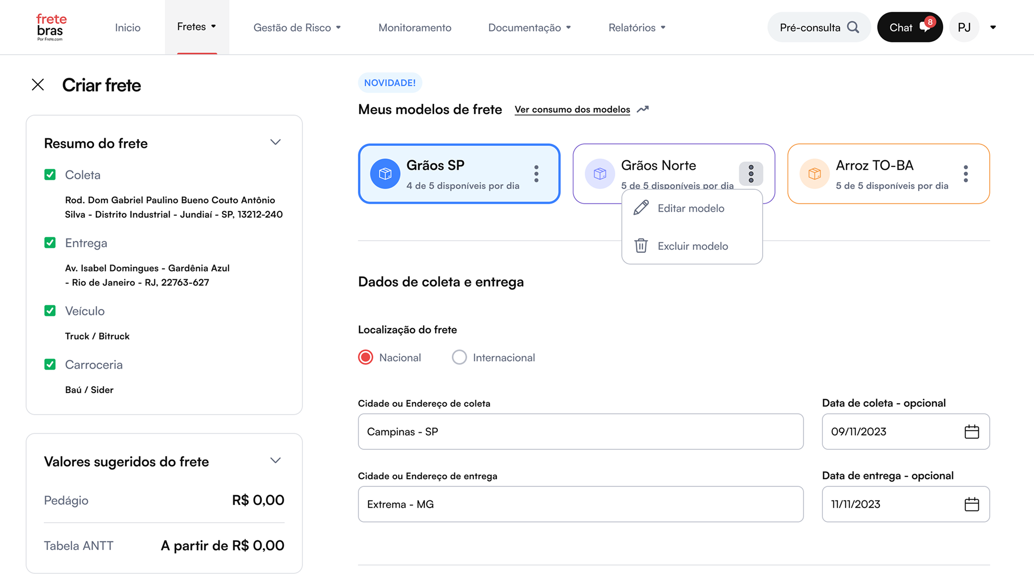 Fluxo de publicação de frete a partir de um template salvo
