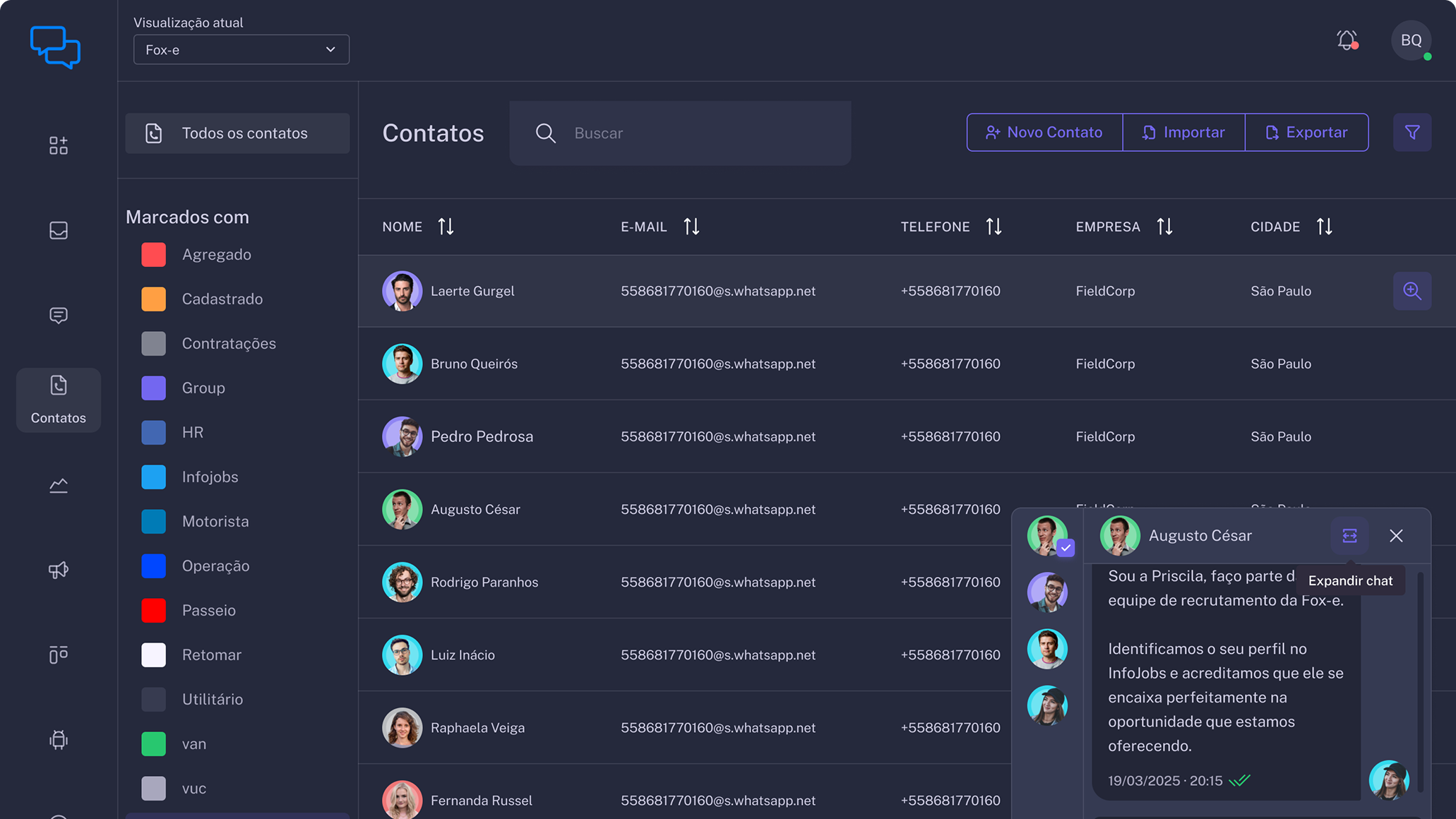 Painel principal do WiseChat com lista de conversas e gestão de equipes