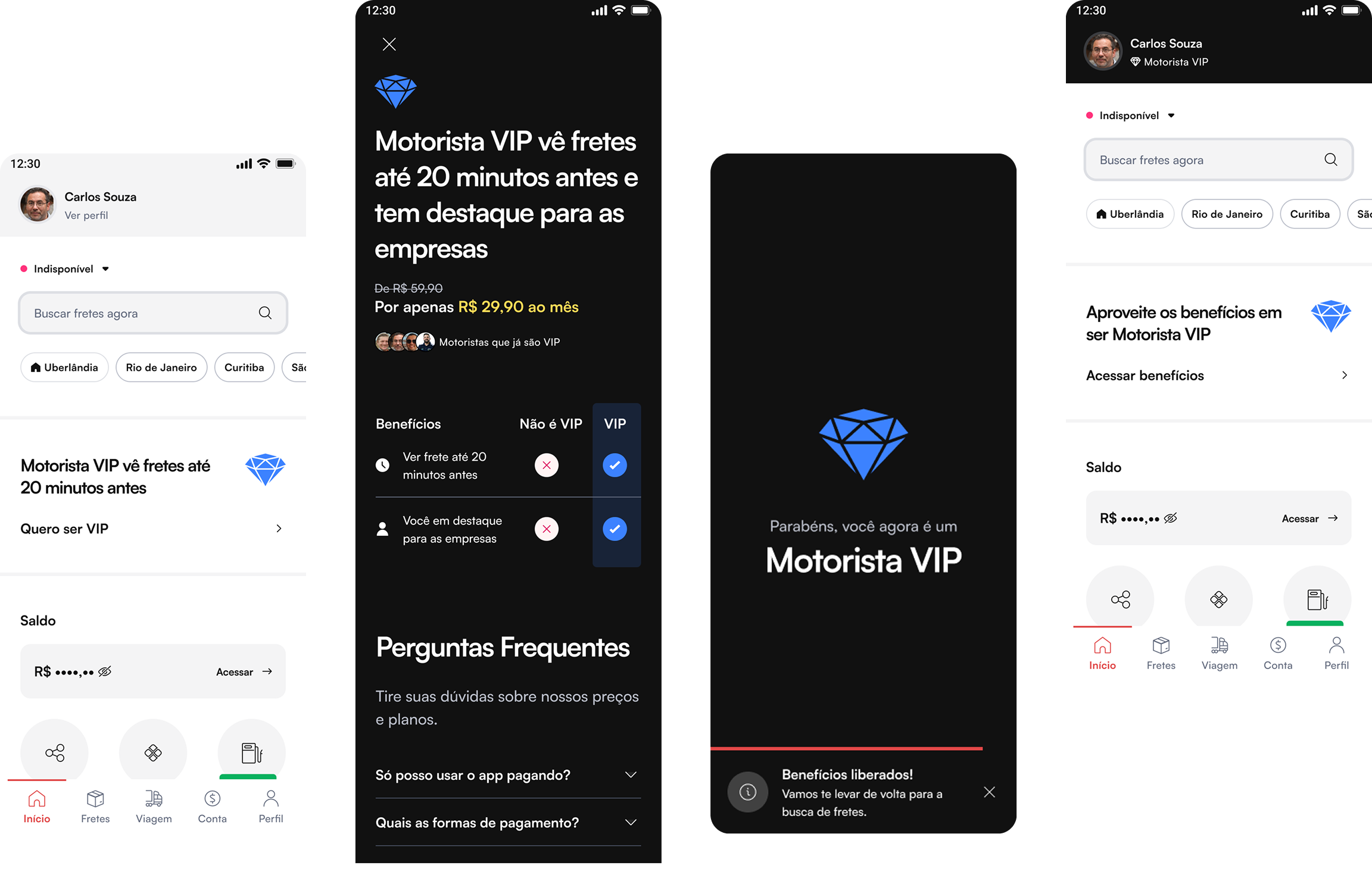 Dashboard do Frete.com VIP com painel SaaS de gestão de fretes