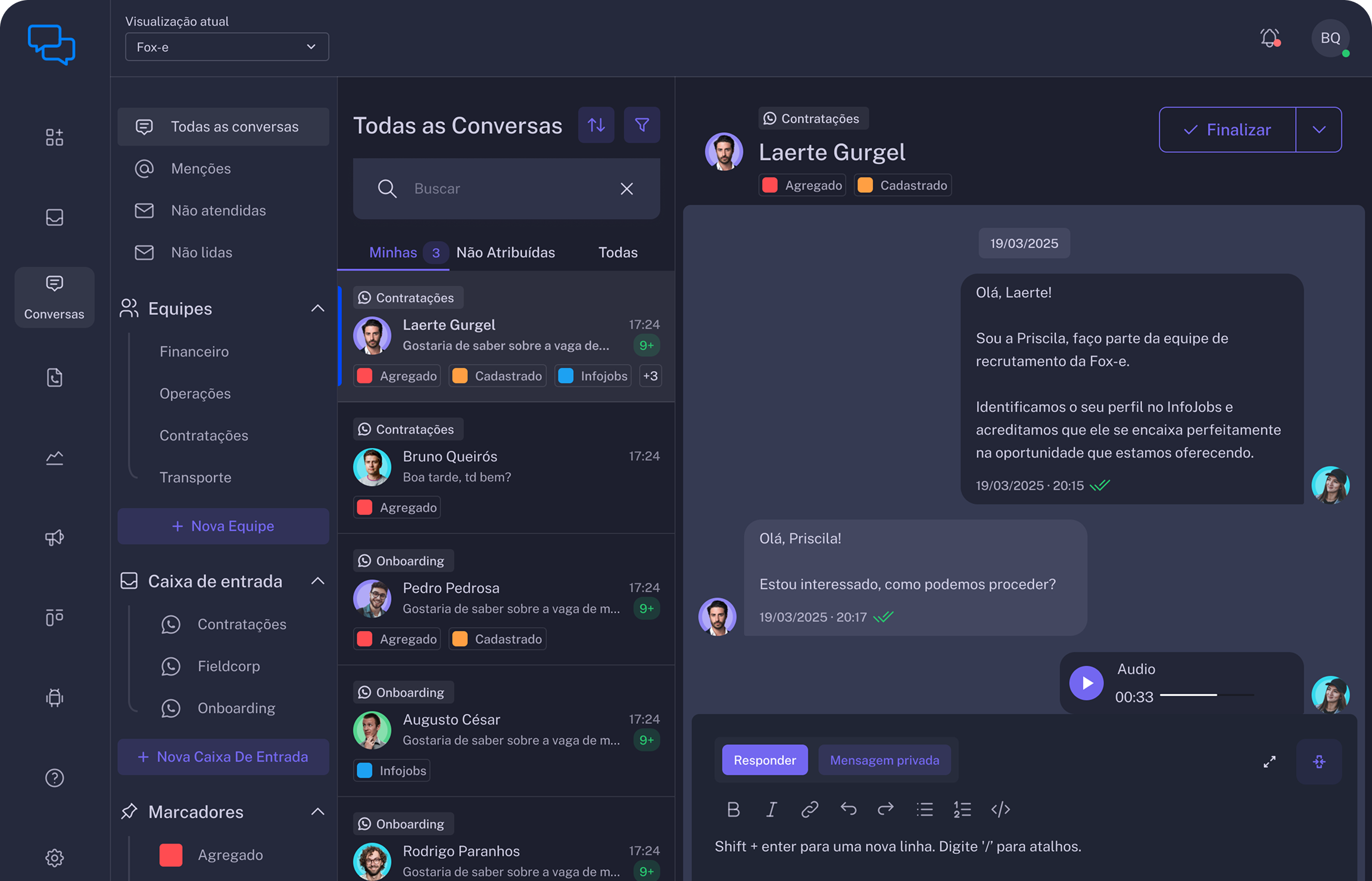 Interface do WiseChat com painel de conversas e gestão de equipes